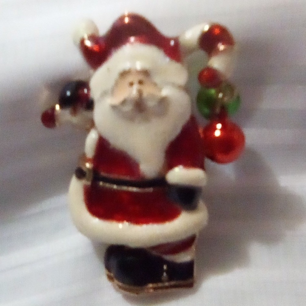 Vintage Santa Carrying a Candy Cane with Ringing Bells Red Enamel Gold Tone Pin+